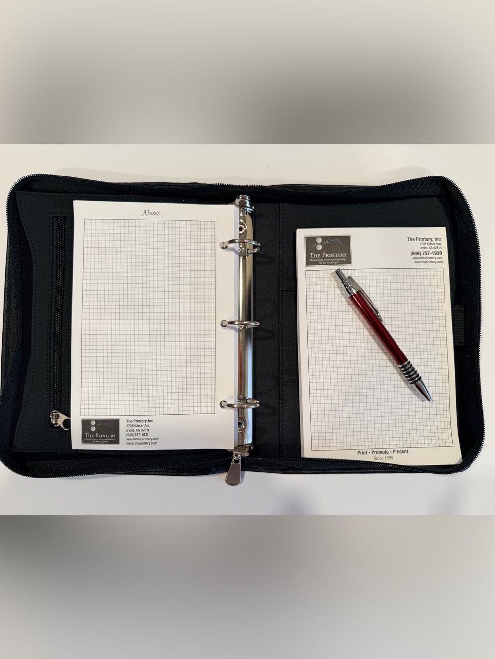 Black Zippered Binder Folio with Red Pen - Professional Organizer